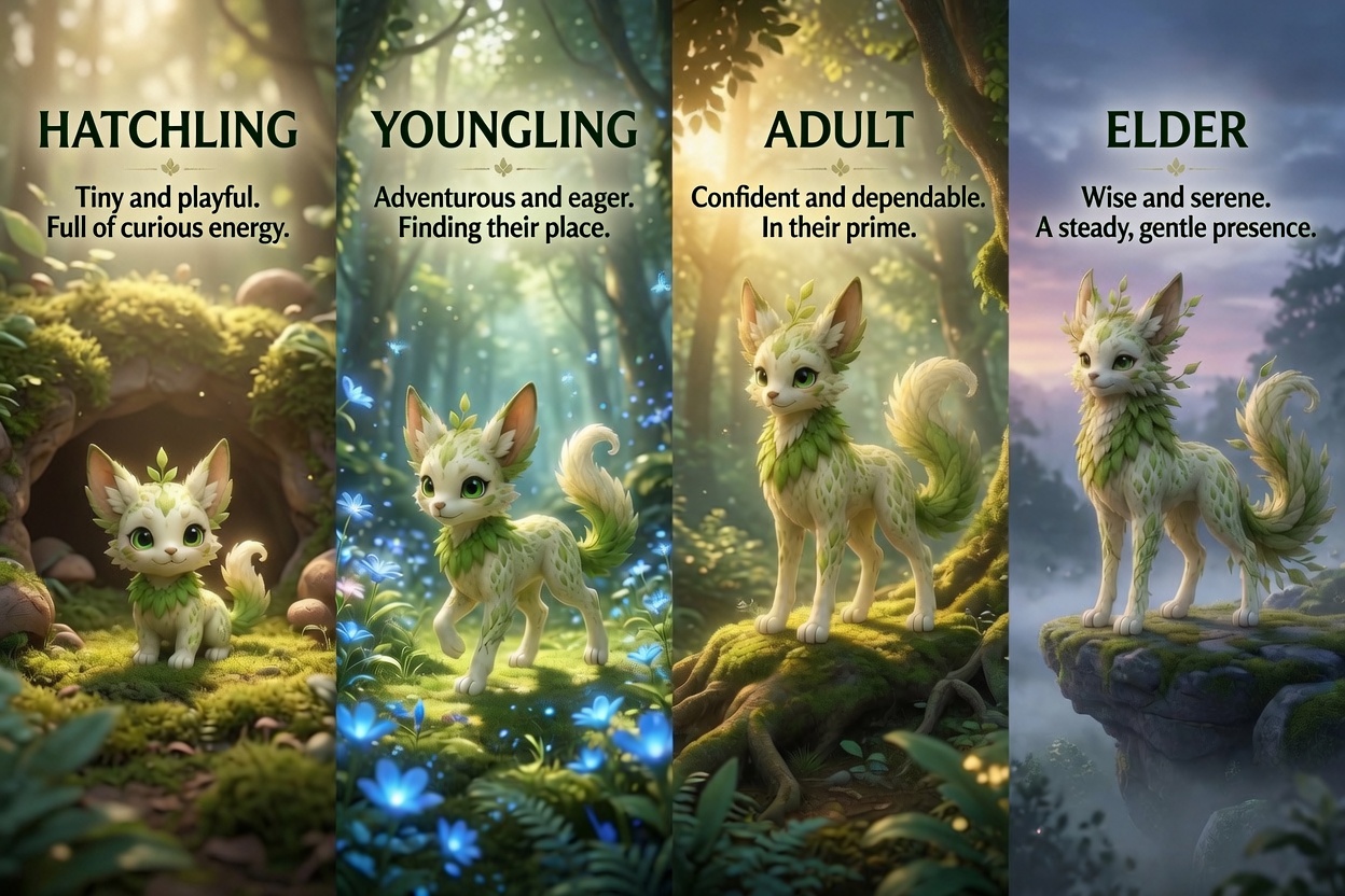 Nymbli age stages — Hatchling, Youngling, Adult, Elder